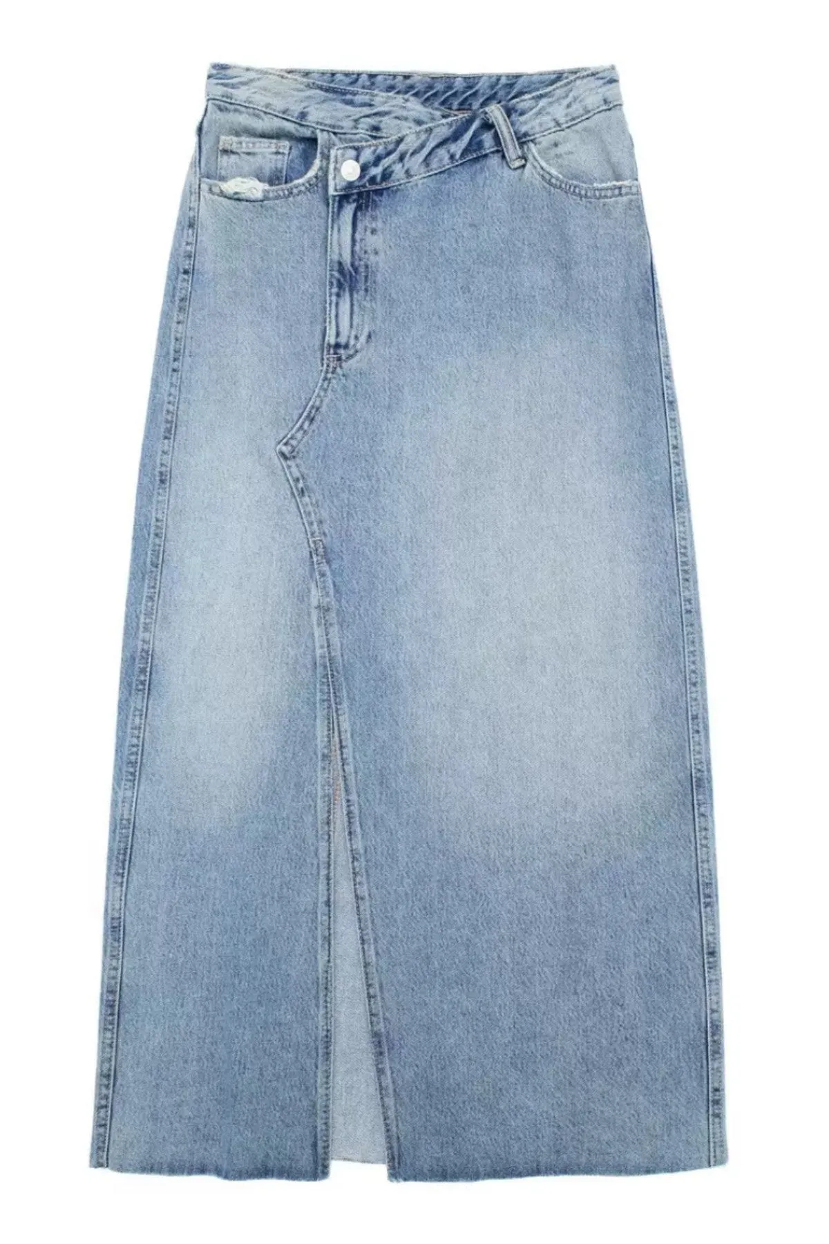 CORA Asymmetrical High Waisted Front Slit Denim Midi Skirt