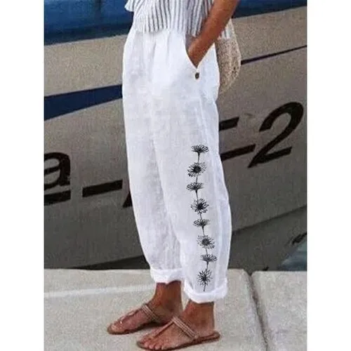 Cotton Linen Pants Vintage Floral Printed Loose