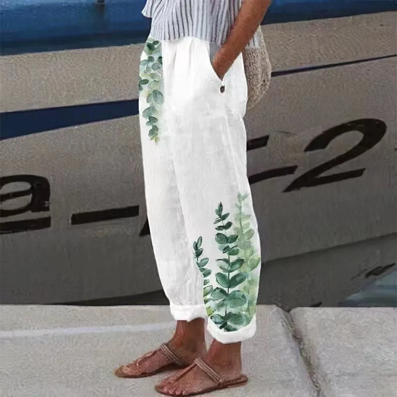 Cotton Linen Pants Vintage Floral Printed Loose