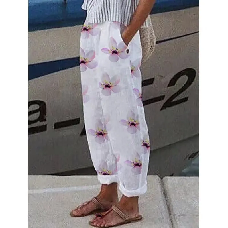 Cotton Linen Pants Vintage Floral Printed Loose