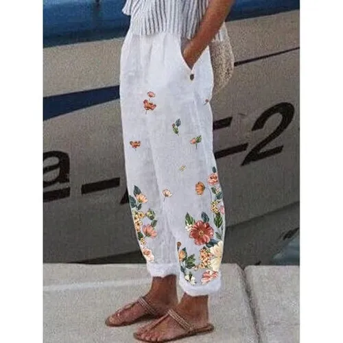 Cotton Linen Pants Vintage Floral Printed Loose