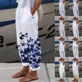 Cotton Linen Pants Vintage Floral Printed Loose