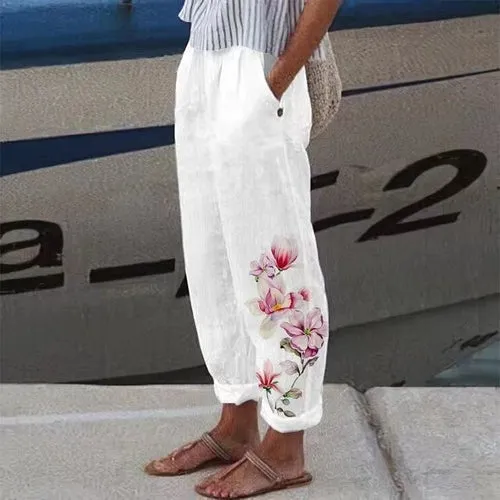 Cotton Linen Pants Vintage Floral Printed Loose