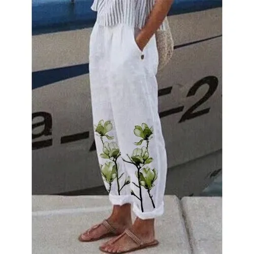 Cotton Linen Pants Vintage Floral Printed Loose