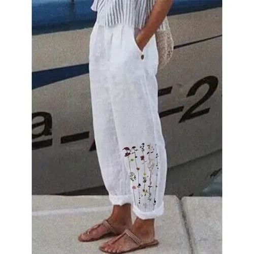 Cotton Linen Pants Vintage Floral Printed Loose