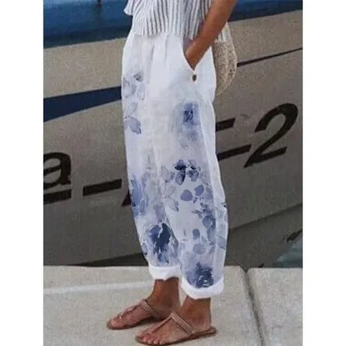 Cotton Linen Pants Vintage Floral Printed Loose