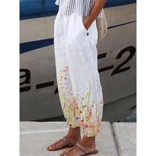 Cotton Linen Pants Vintage Floral Printed Loose
