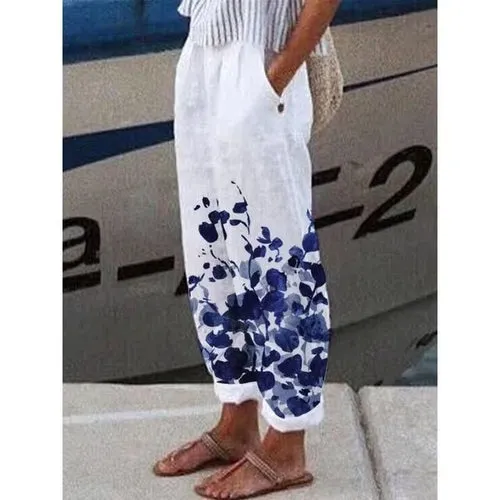 Cotton Linen Pants Vintage Floral Printed Loose