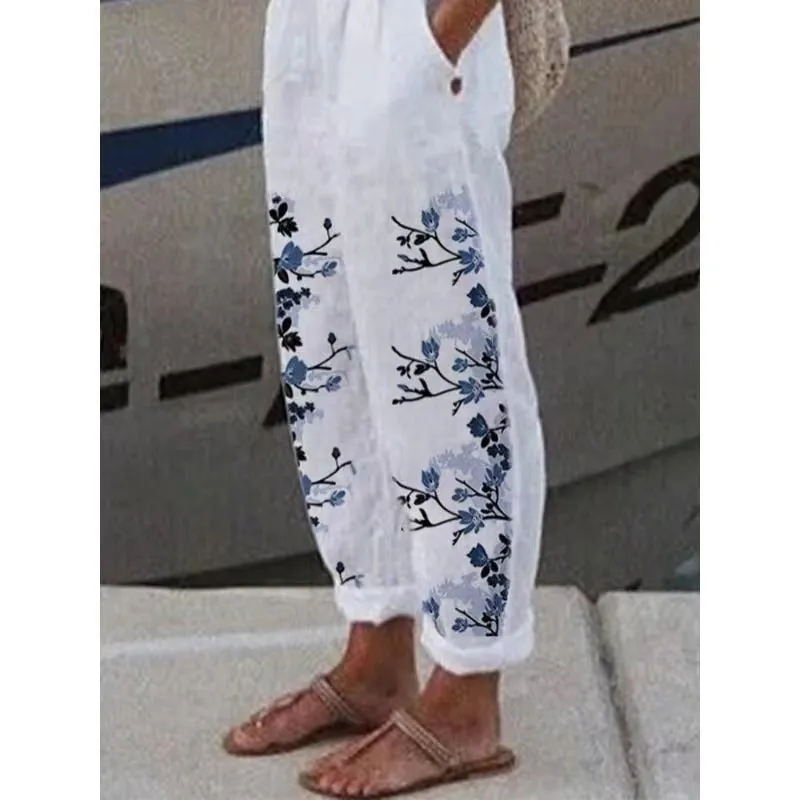 Cotton Linen Pants Vintage Floral Printed Loose
