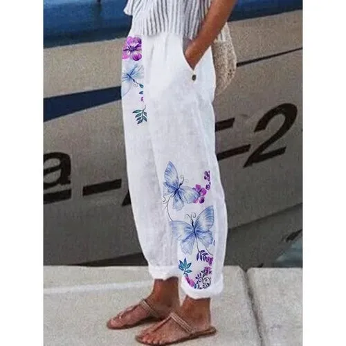 Cotton Linen Pants Vintage Floral Printed Loose