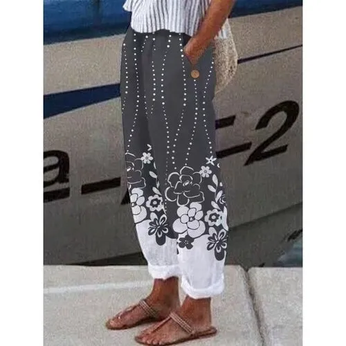 Cotton Linen Pants Vintage Floral Printed Loose