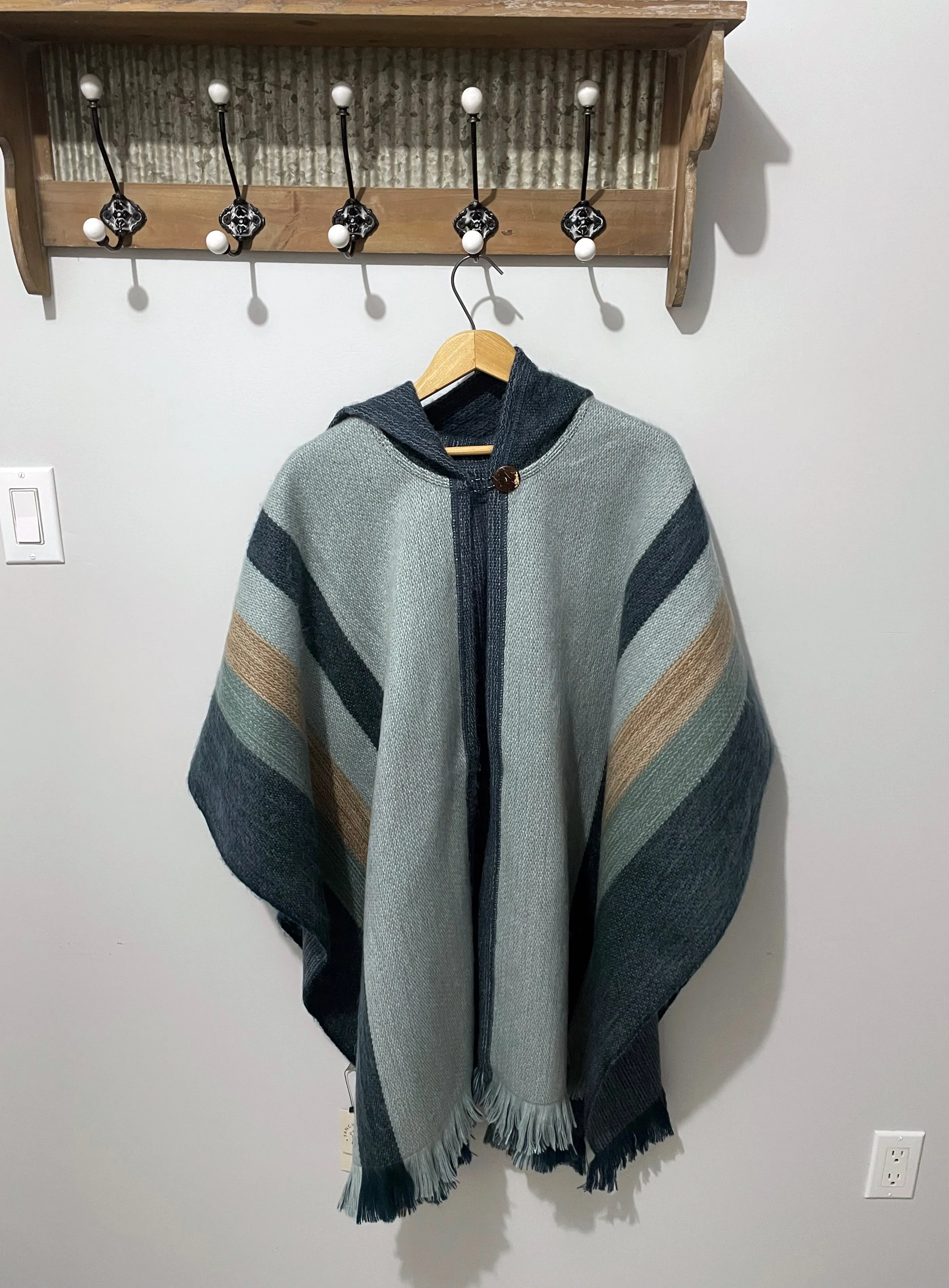 Cozy Blue Open Front Hooded Alpaca Poncho