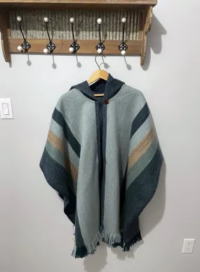 Cozy Blue Open Front Hooded Alpaca Poncho