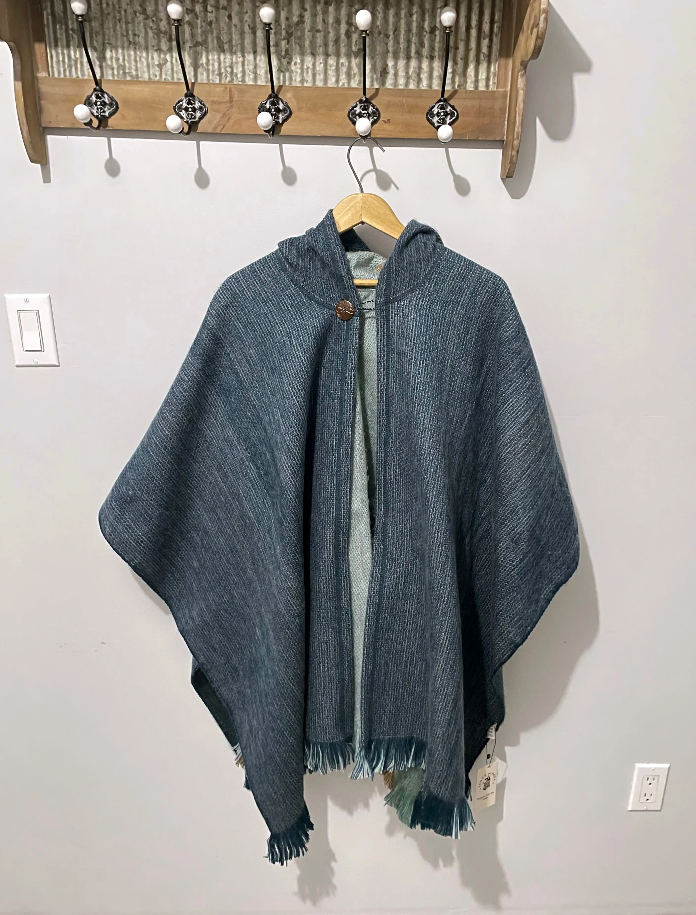Cozy Blue Open Front Hooded Alpaca Poncho