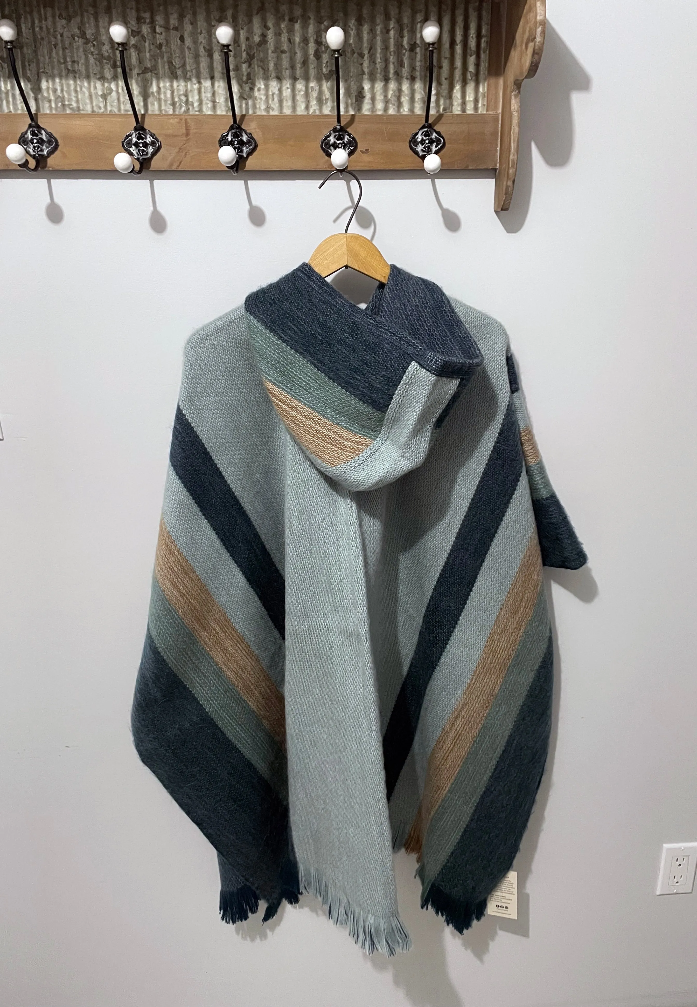 Cozy Blue Open Front Hooded Alpaca Poncho