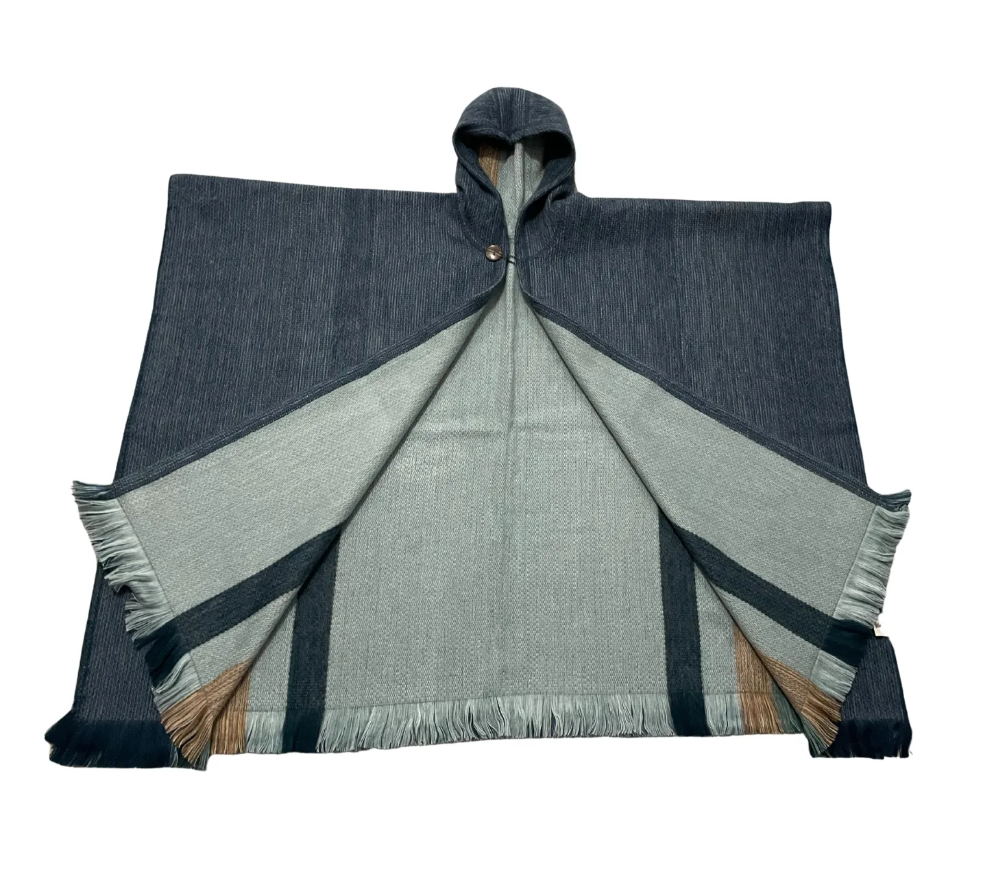 Cozy Blue Open Front Hooded Alpaca Poncho