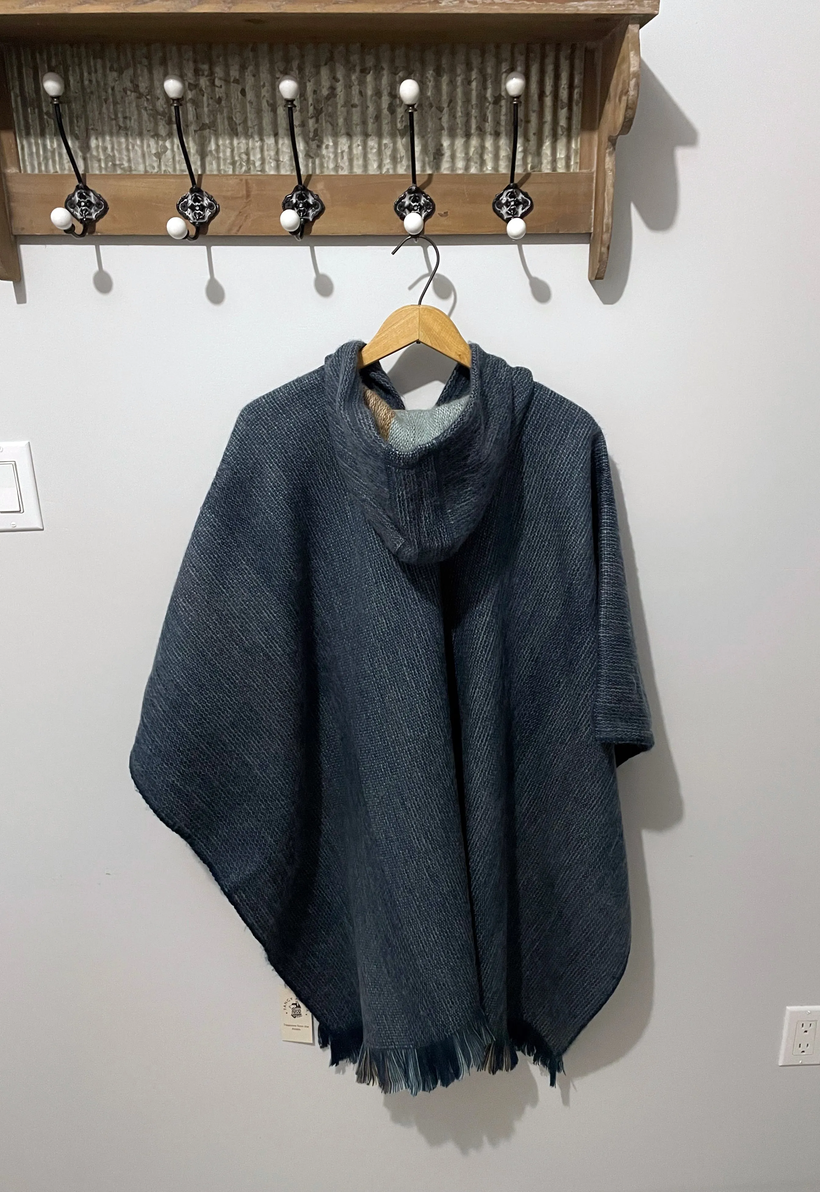 Cozy Blue Open Front Hooded Alpaca Poncho