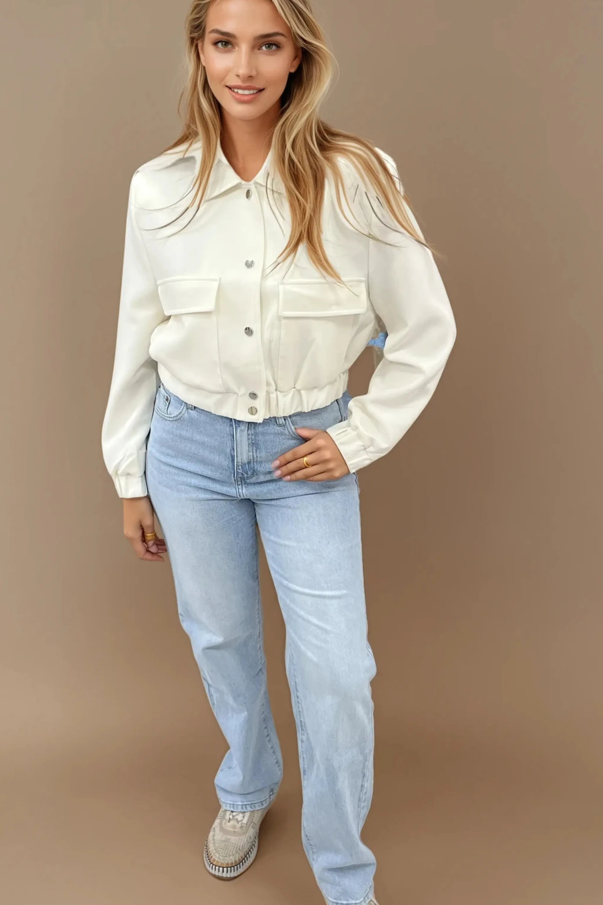 Cream snap button cropped tailored jacket