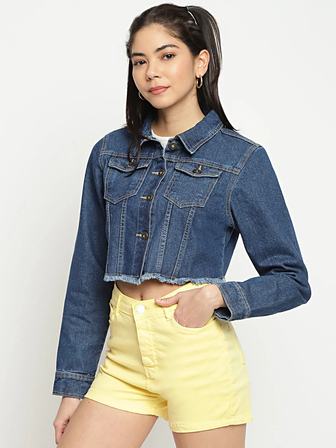 Cropped Frey Hem Denim Jacket