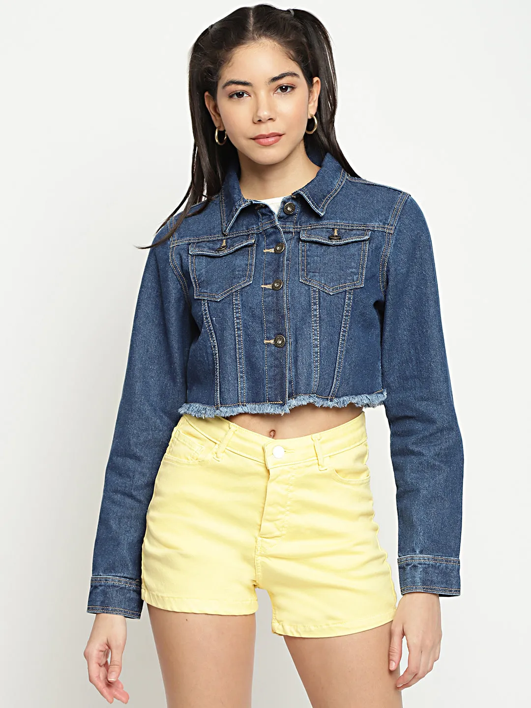Cropped Frey Hem Denim Jacket