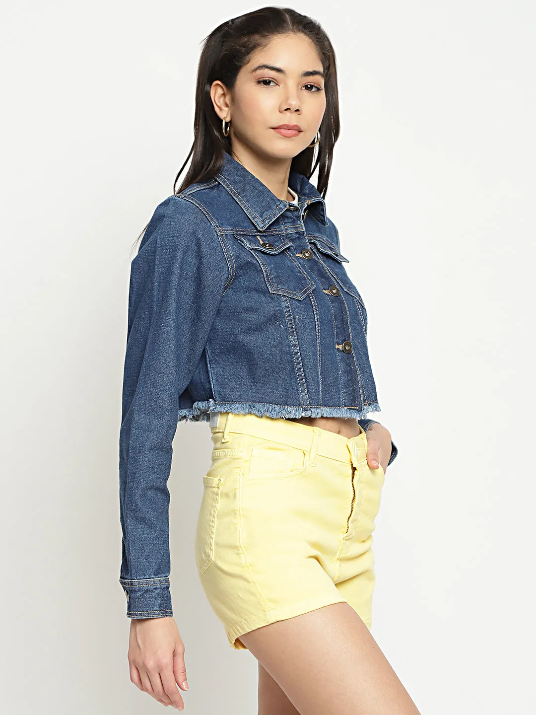 Cropped Frey Hem Denim Jacket