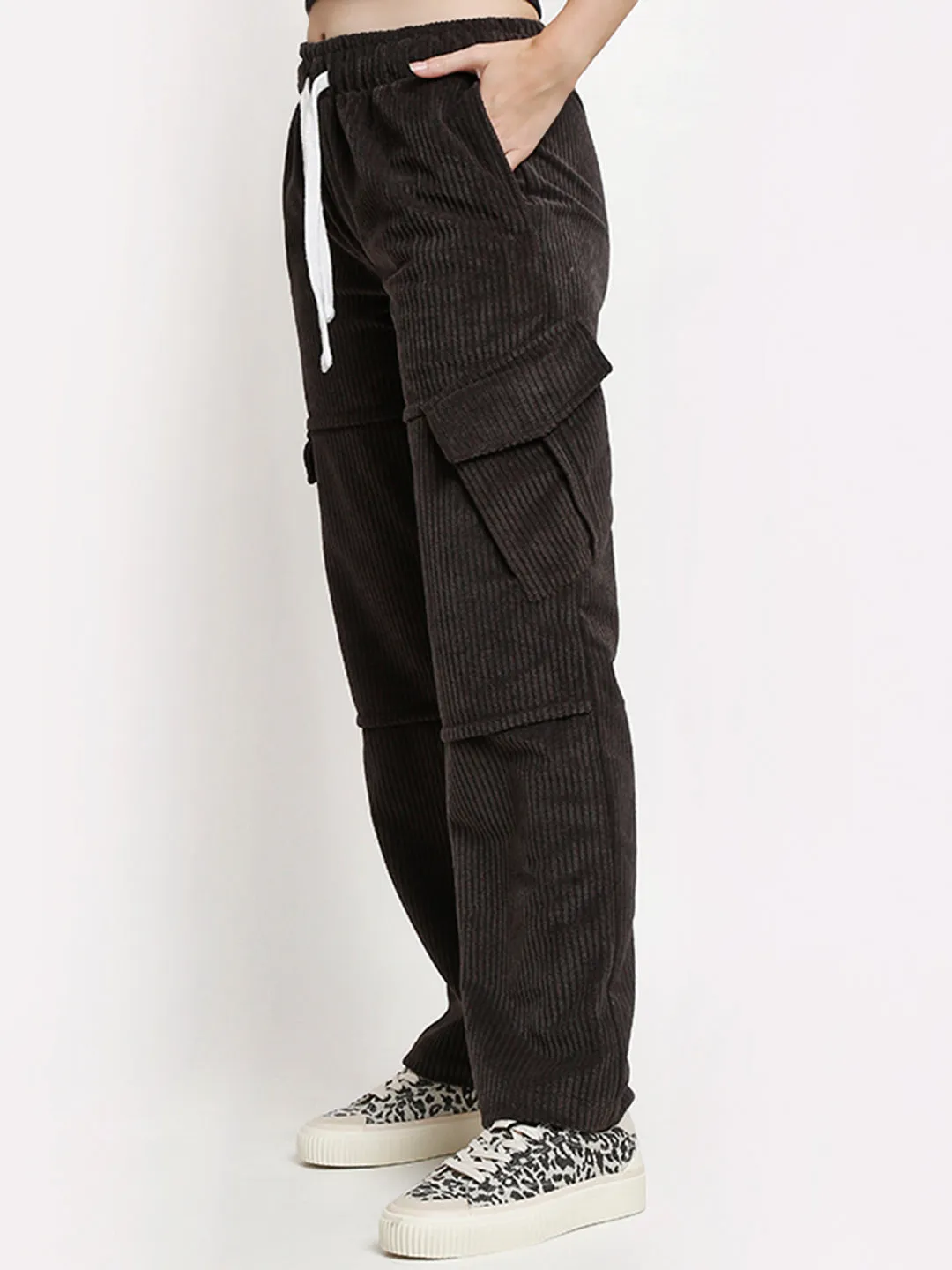 Dark Grey Straight Fit Utility Corduroy Cargo Pants
