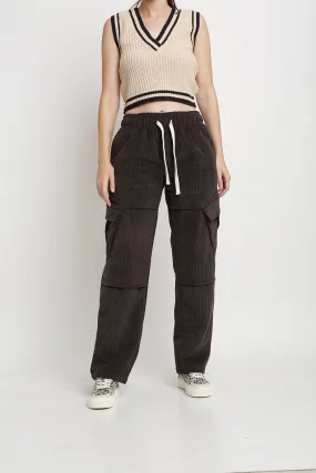 Dark Grey Straight Fit Utility Corduroy Cargo Pants
