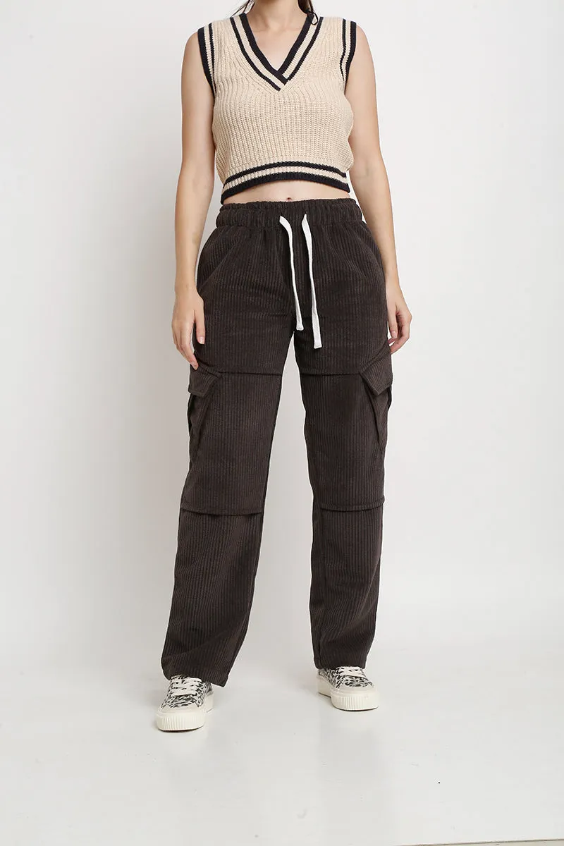Dark Grey Straight Fit Utility Corduroy Cargo Pants