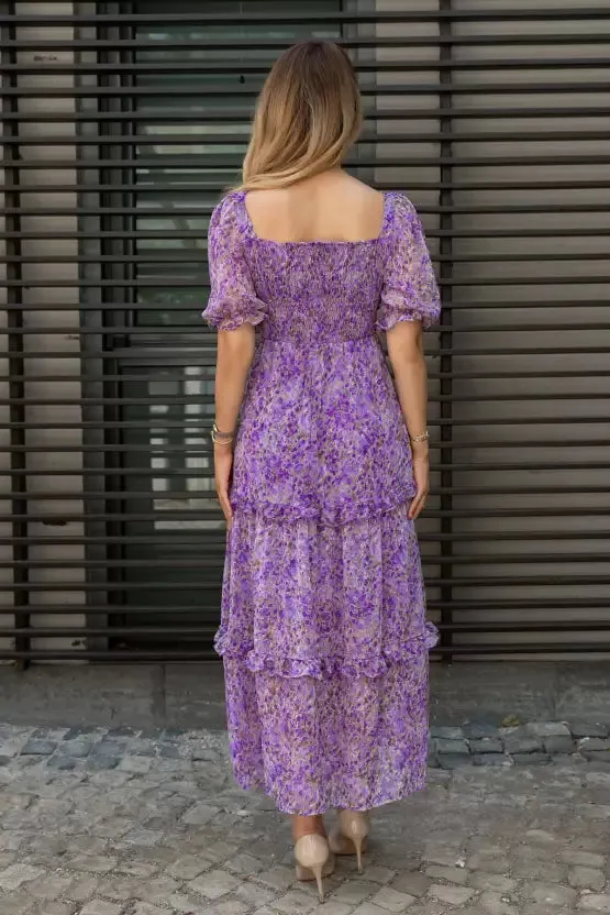 Elegant Purple Floral Print Maxi Dress