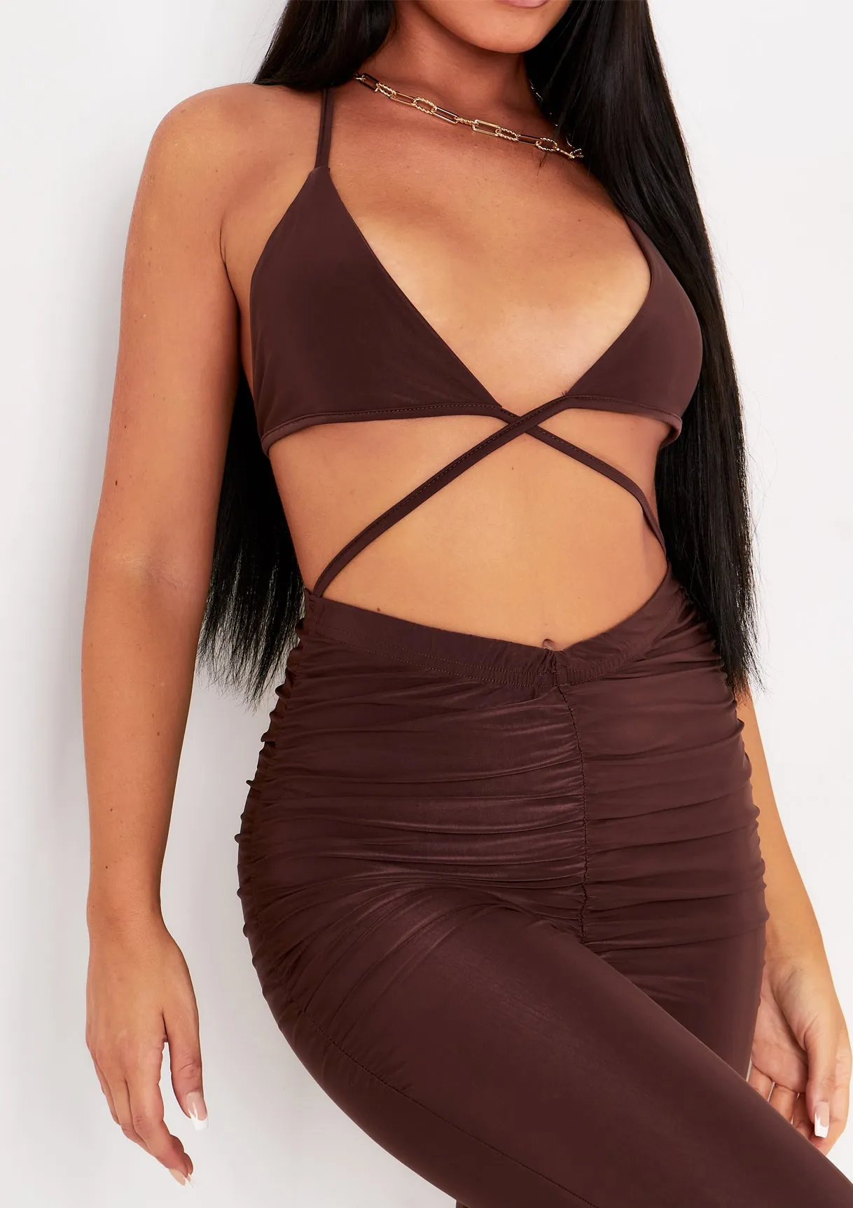 Faye Chocolate Halterneck Cut Out Jumpsuit