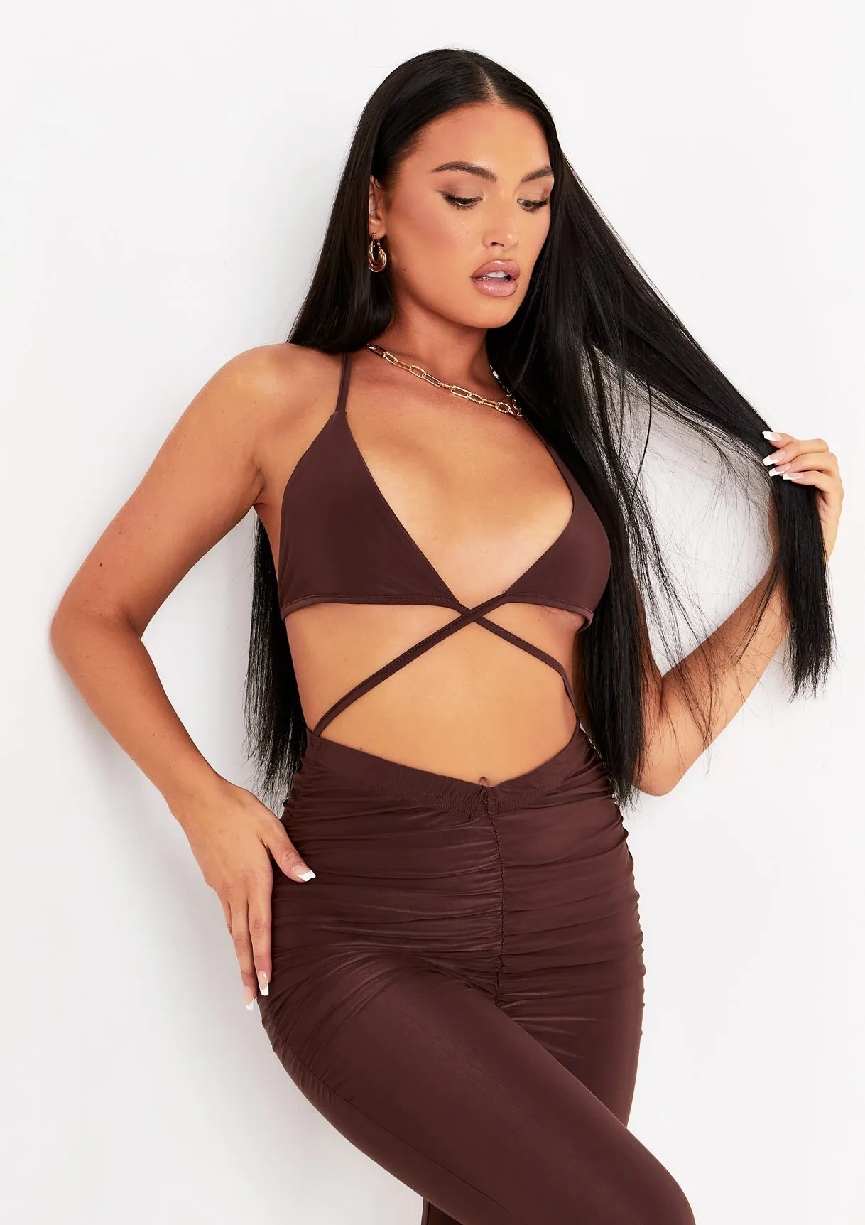 Faye Chocolate Halterneck Cut Out Jumpsuit