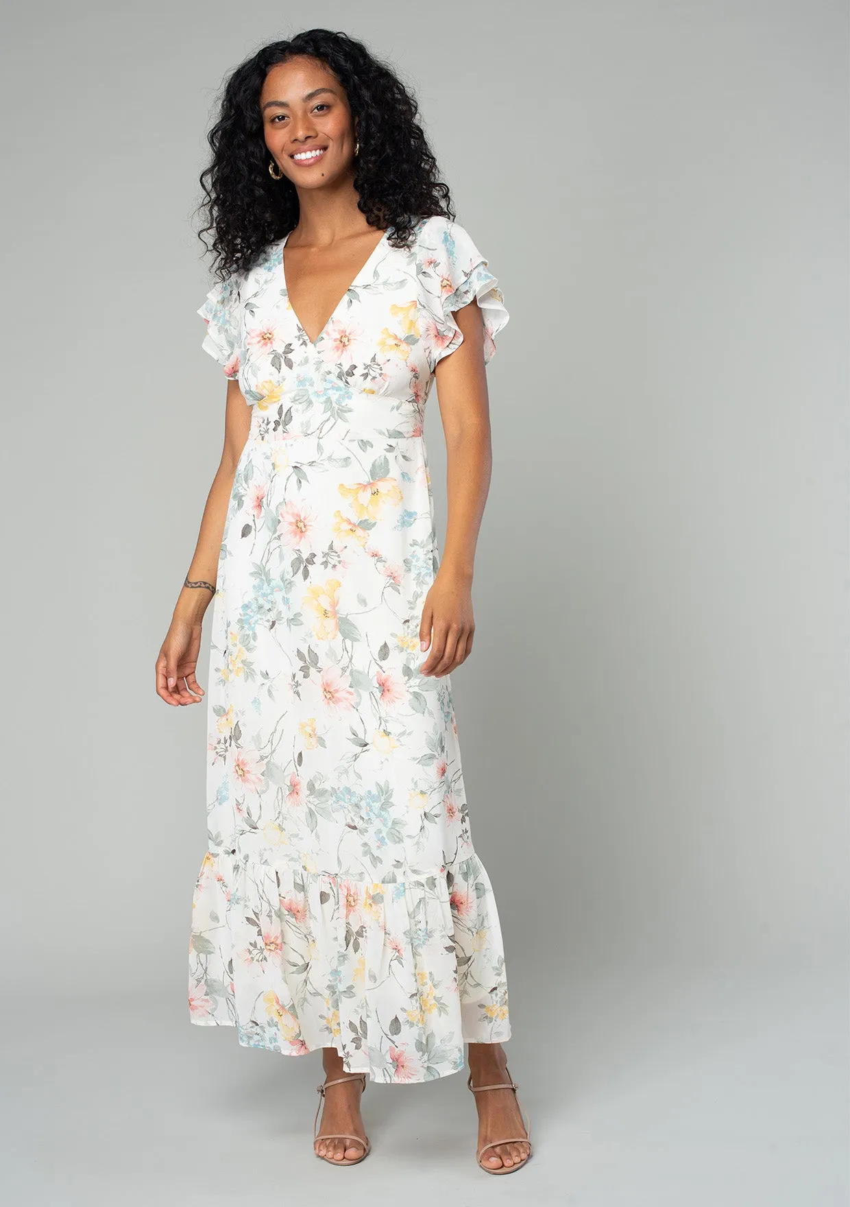 Floral Flutter Sleeve V Neck Maxi Dress