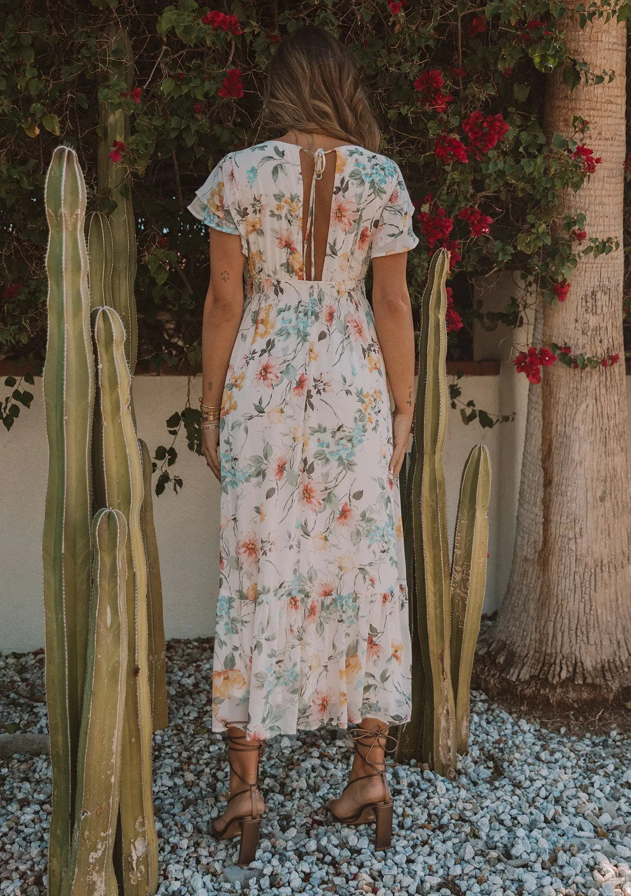 Floral Flutter Sleeve V Neck Maxi Dress
