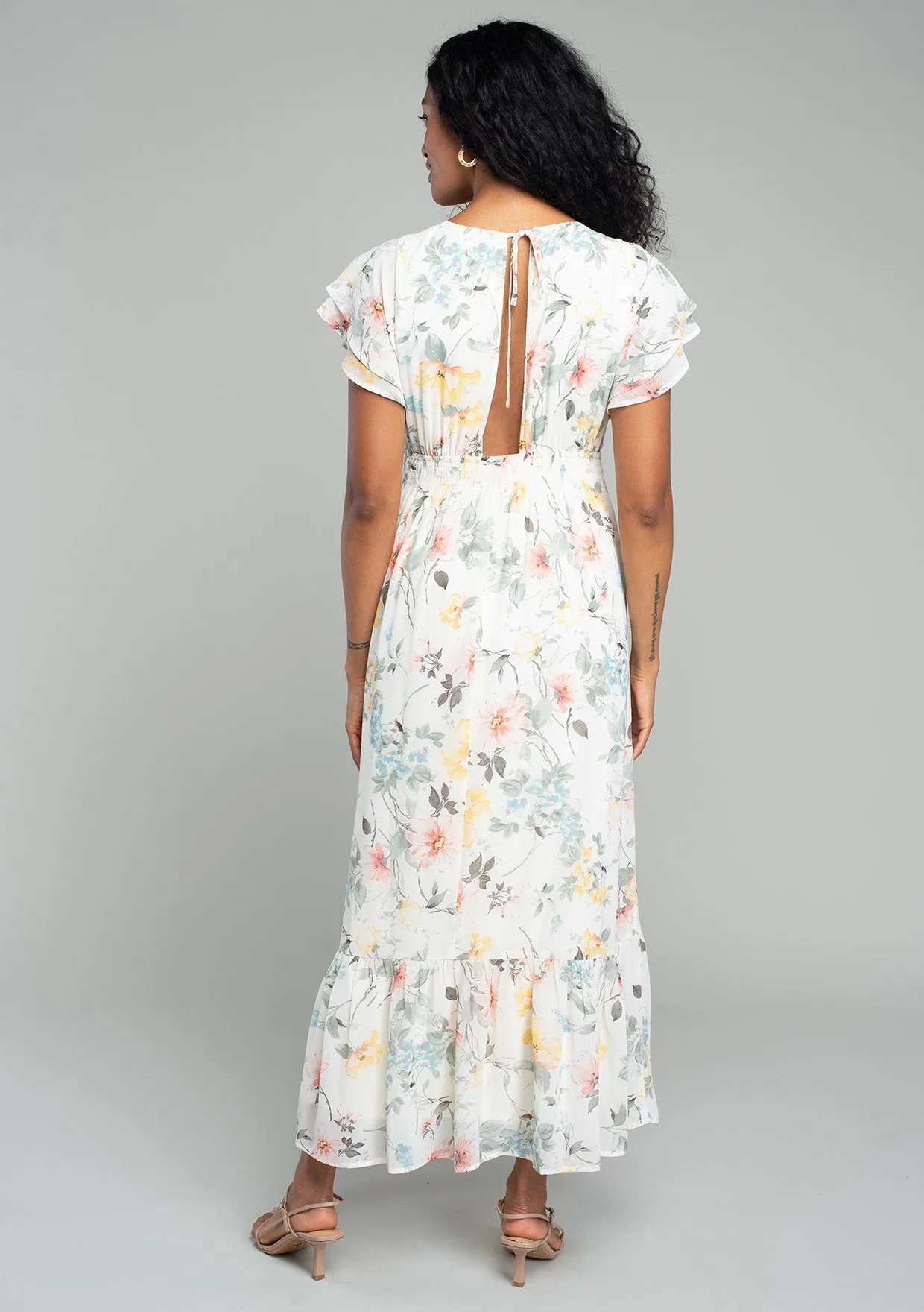 Floral Flutter Sleeve V Neck Maxi Dress
