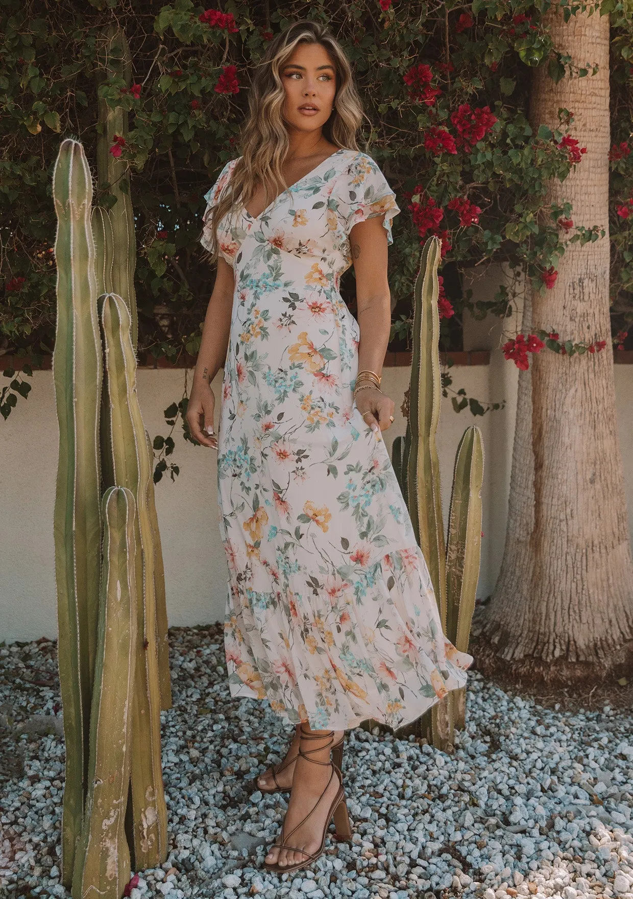 Floral Flutter Sleeve V Neck Maxi Dress