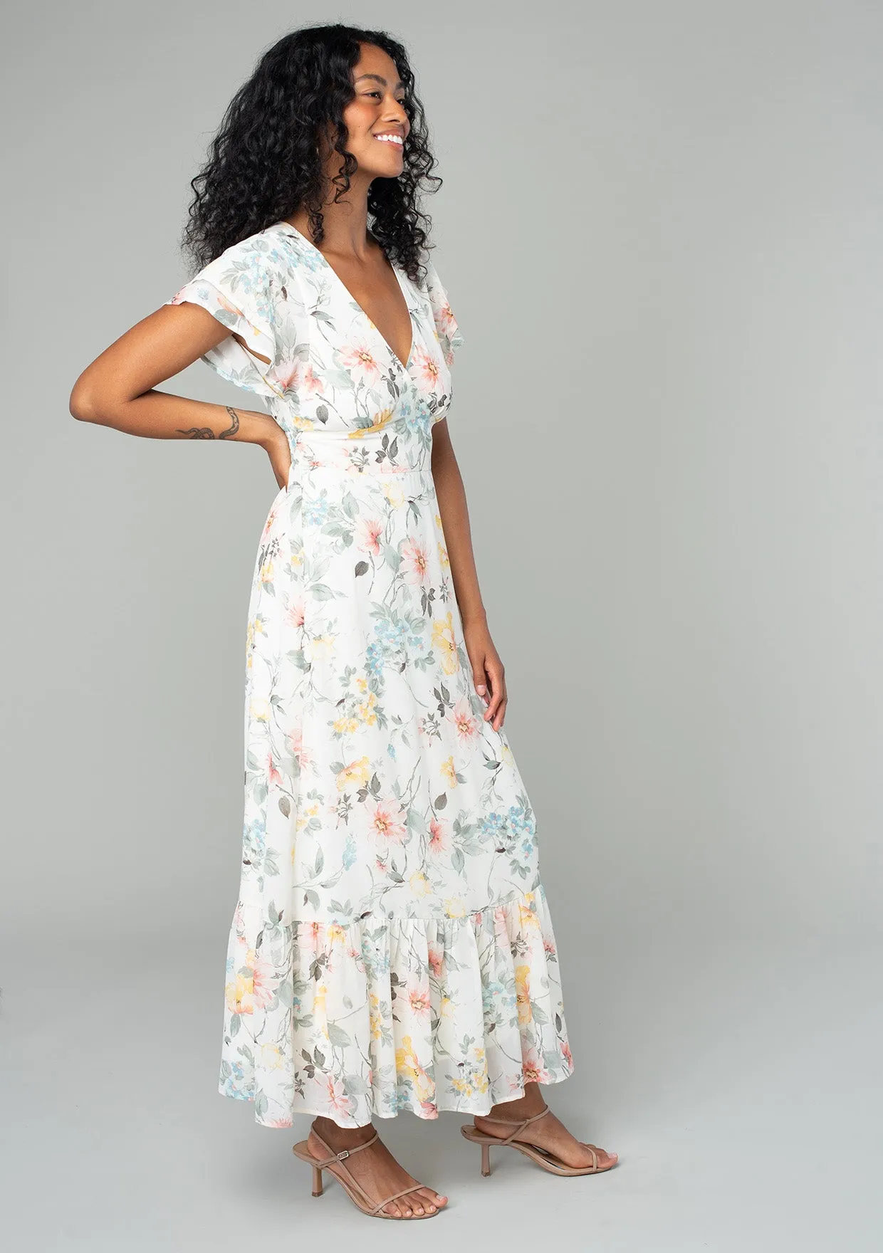 Floral Flutter Sleeve V Neck Maxi Dress