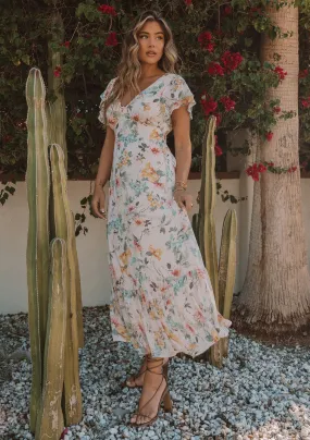 Floral Flutter Sleeve V Neck Maxi Dress