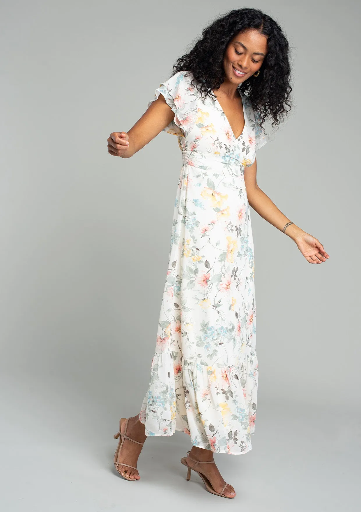Floral Flutter Sleeve V Neck Maxi Dress