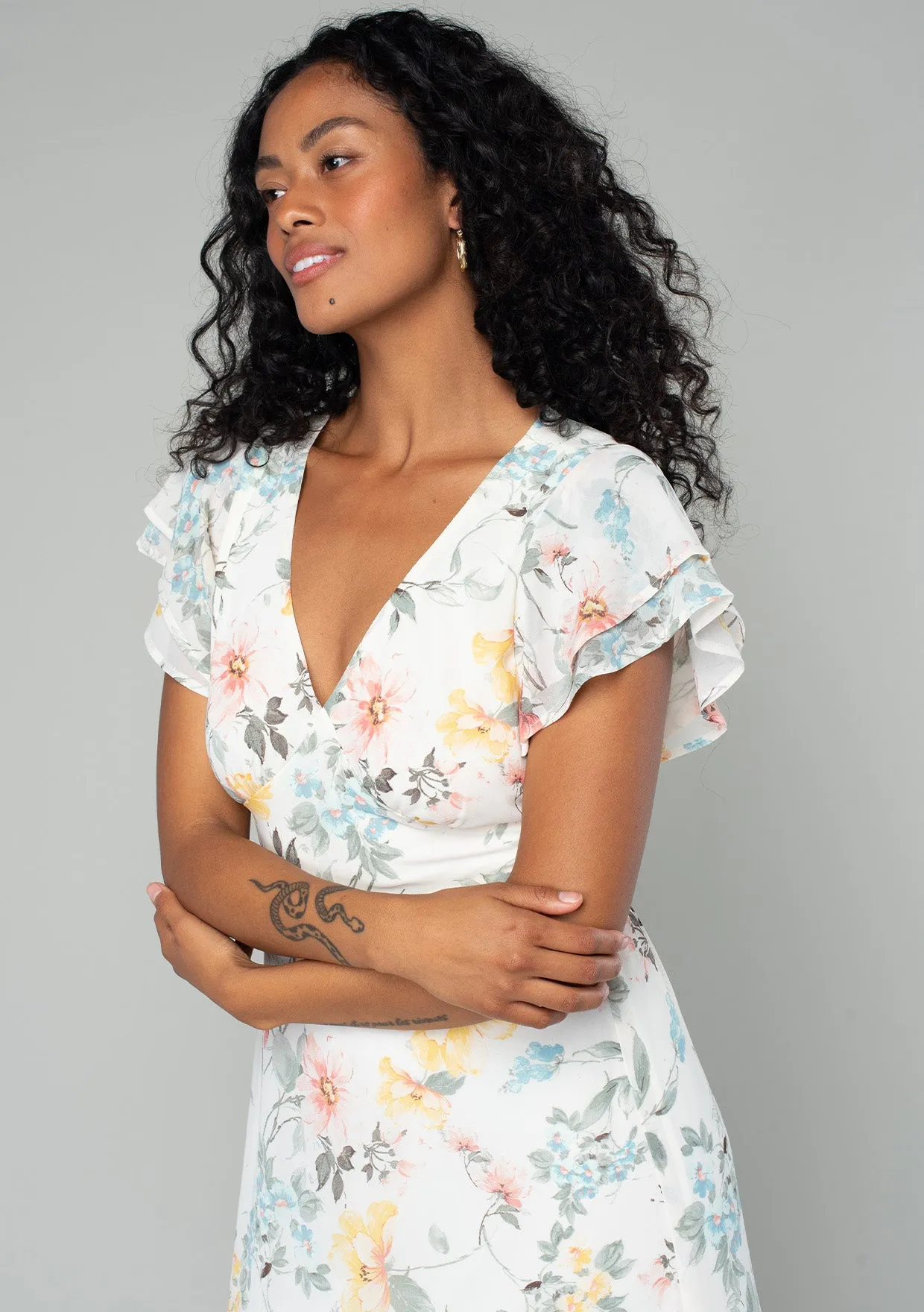 Floral Flutter Sleeve V Neck Maxi Dress