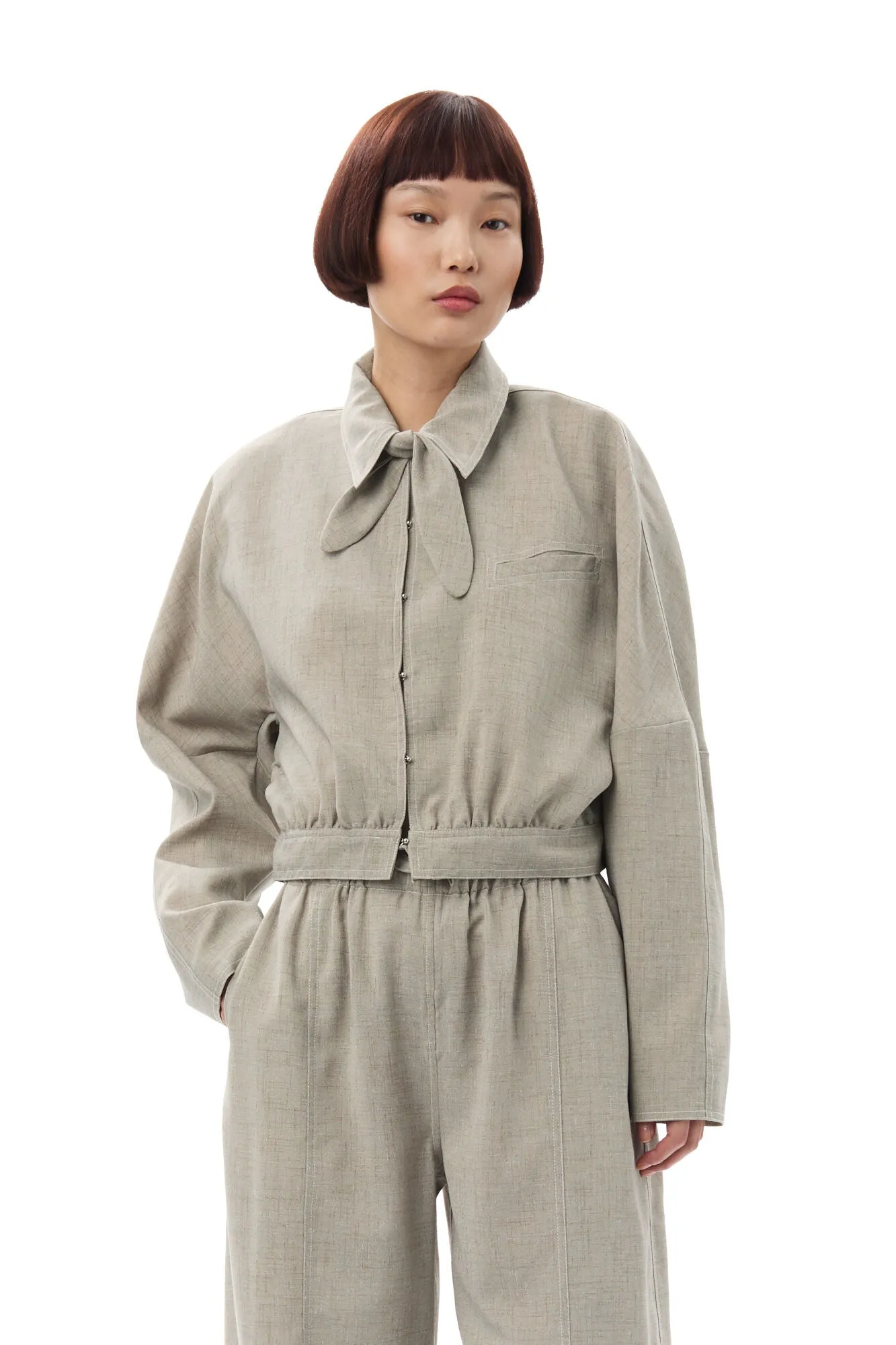 Ganni Light Melange Suiting Short Jacket in Alfalfa