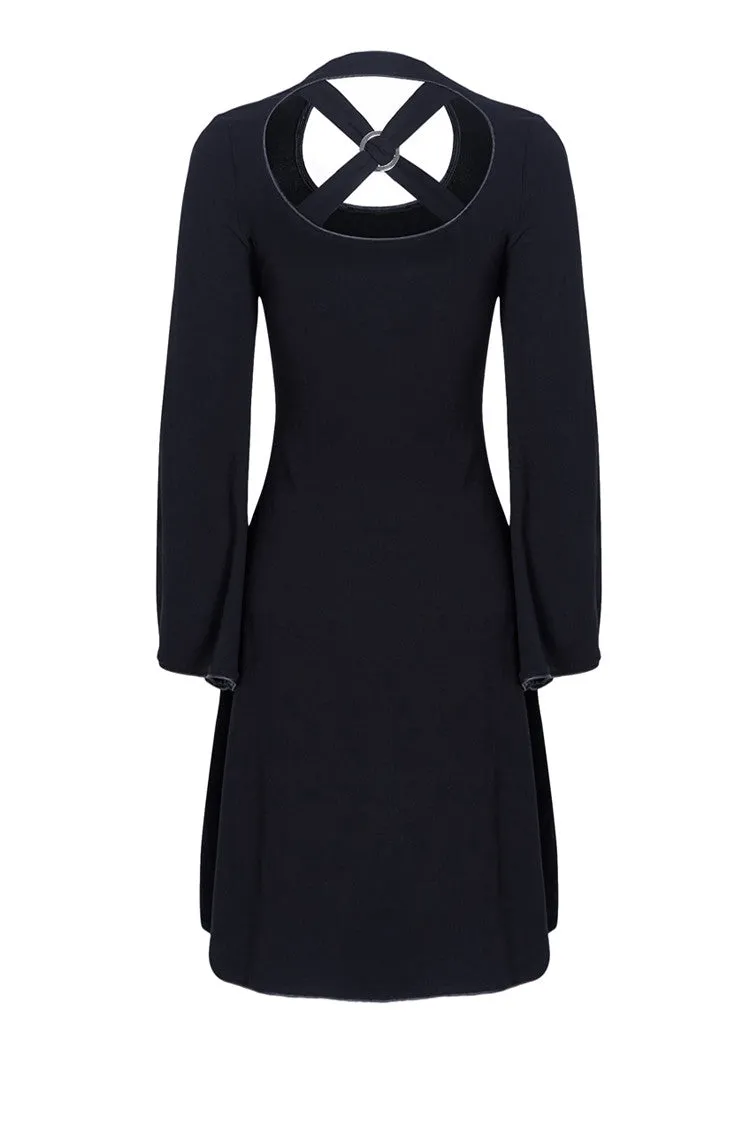 Gothic tail Black dress with off shoulder and cross back DW060