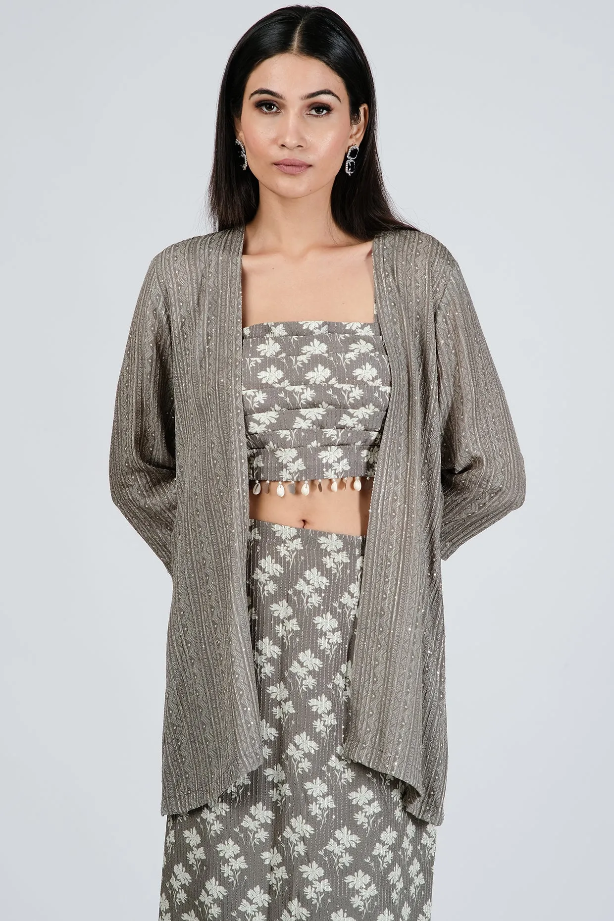 Grey Colored Co-Ord Set In Printed Silk