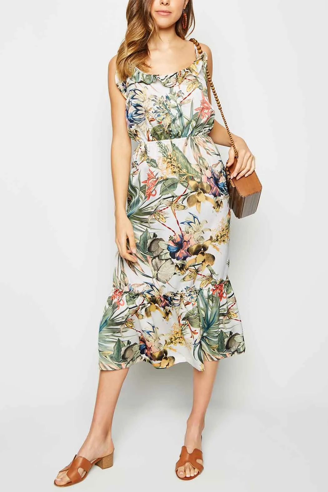 Khloe Oriental Printed Tiered Stappy Midi Dress