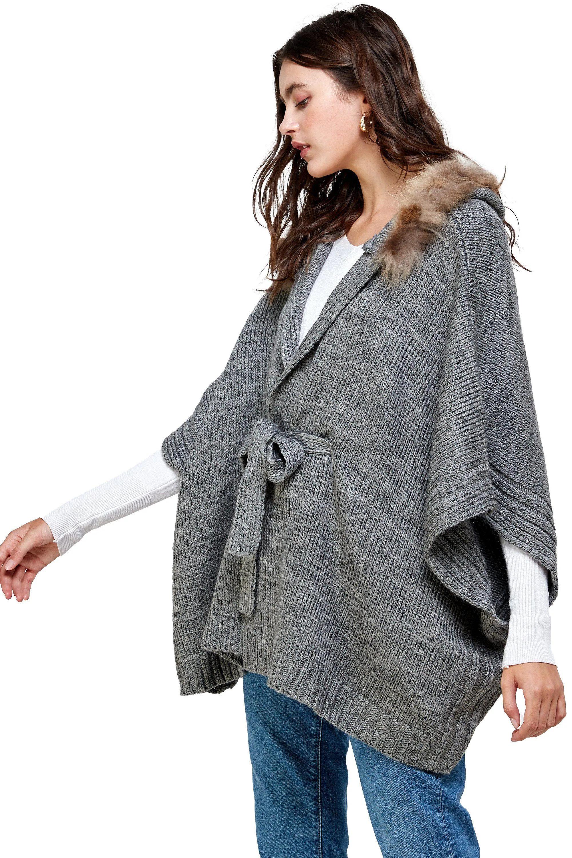 Knitted Cape with Faux Fur Collar