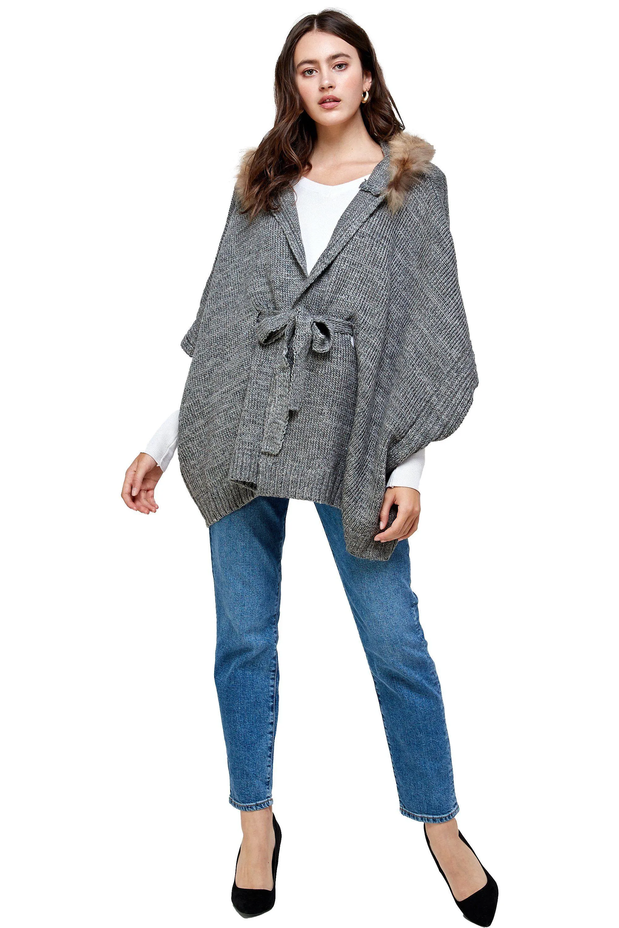 Knitted Cape with Faux Fur Collar