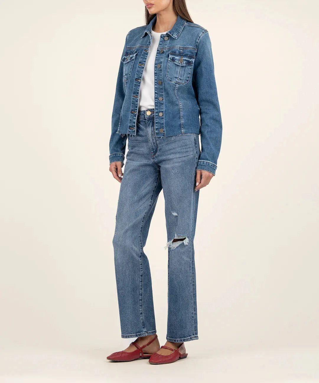 KUT FROM THE KLOTH RAW HEM DENIM JACKET - MEDIUM WASH