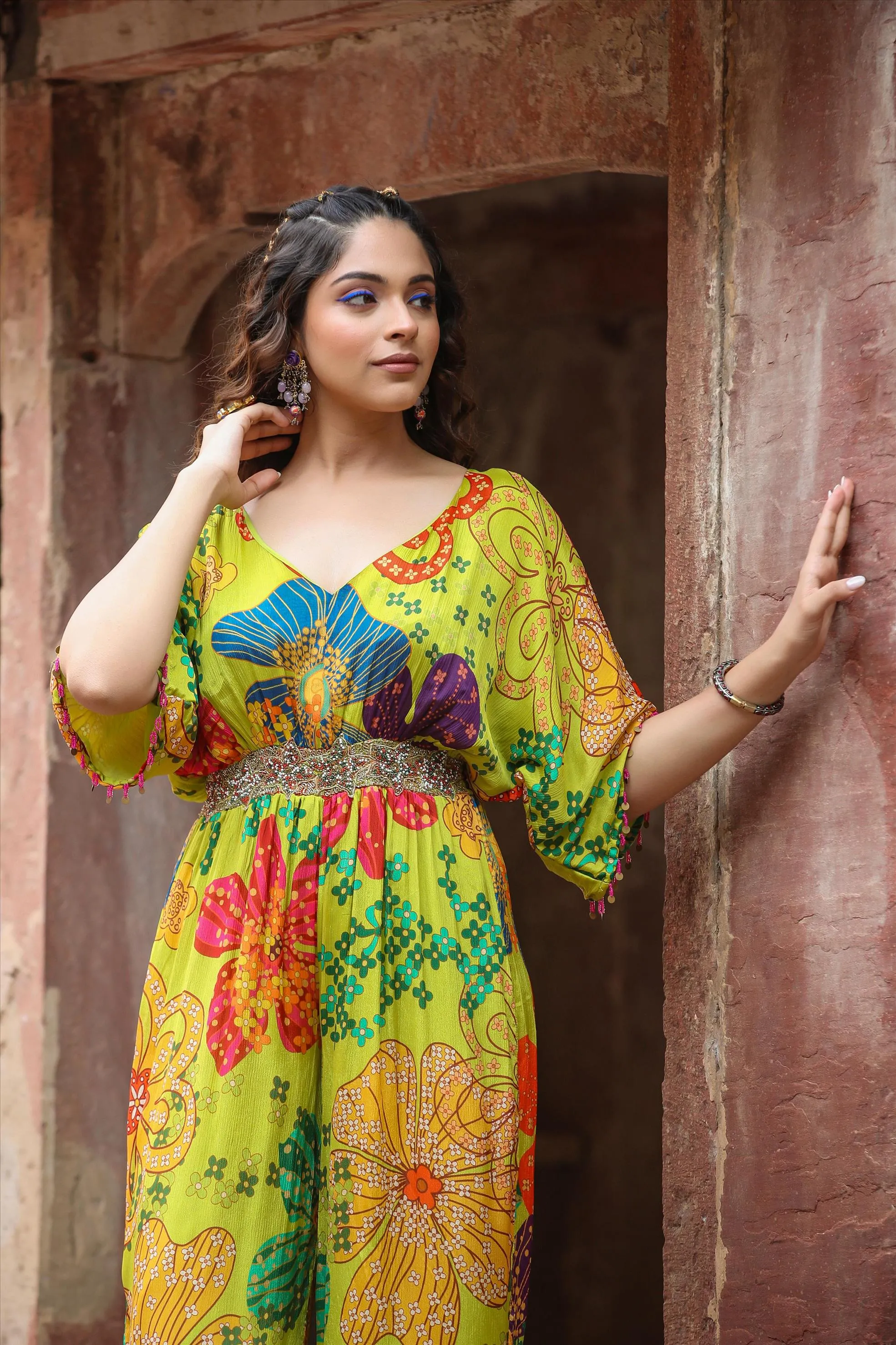 Lime Green Chinon Silk Floral Printed Jumpsuit