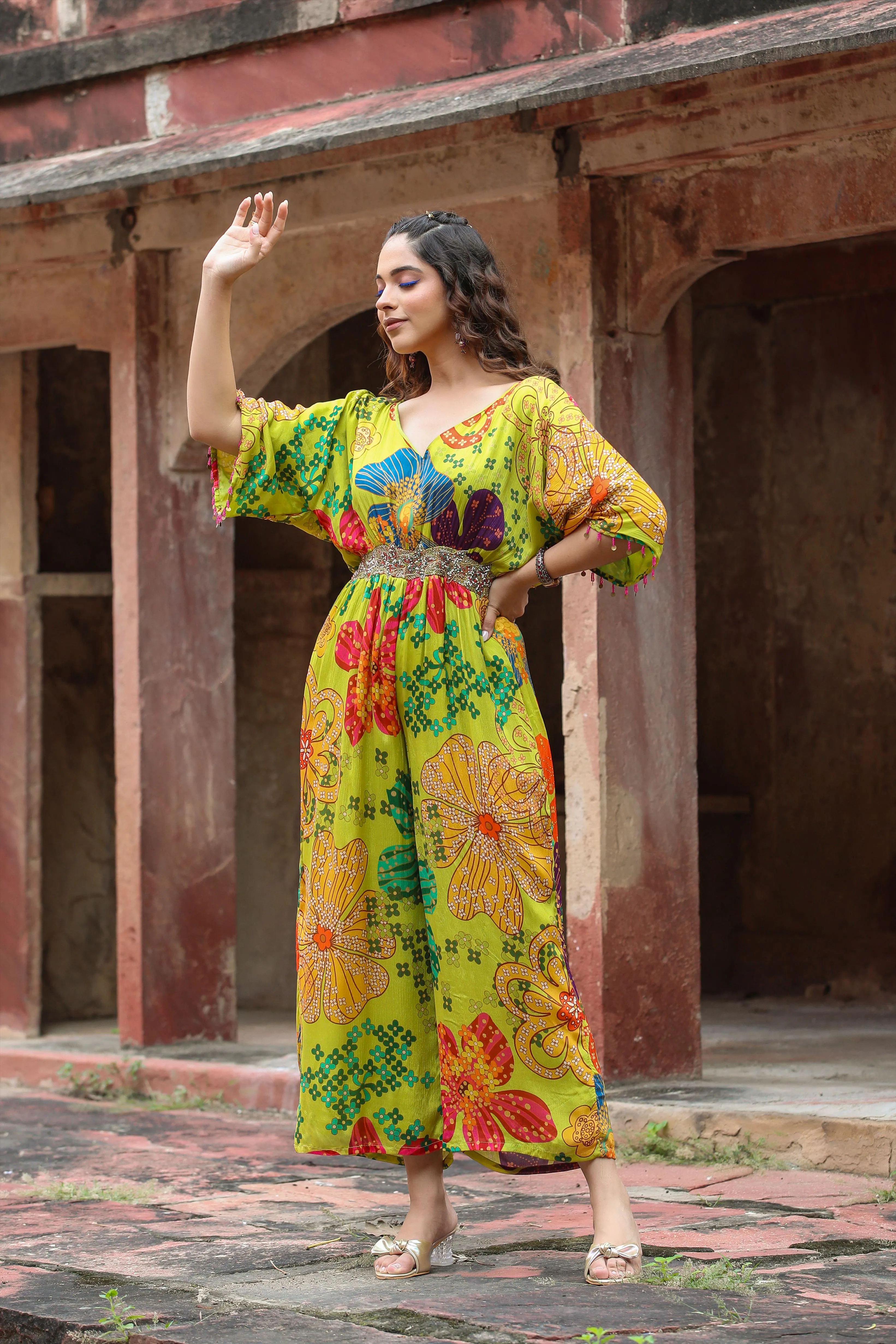 Lime Green Chinon Silk Floral Printed Jumpsuit