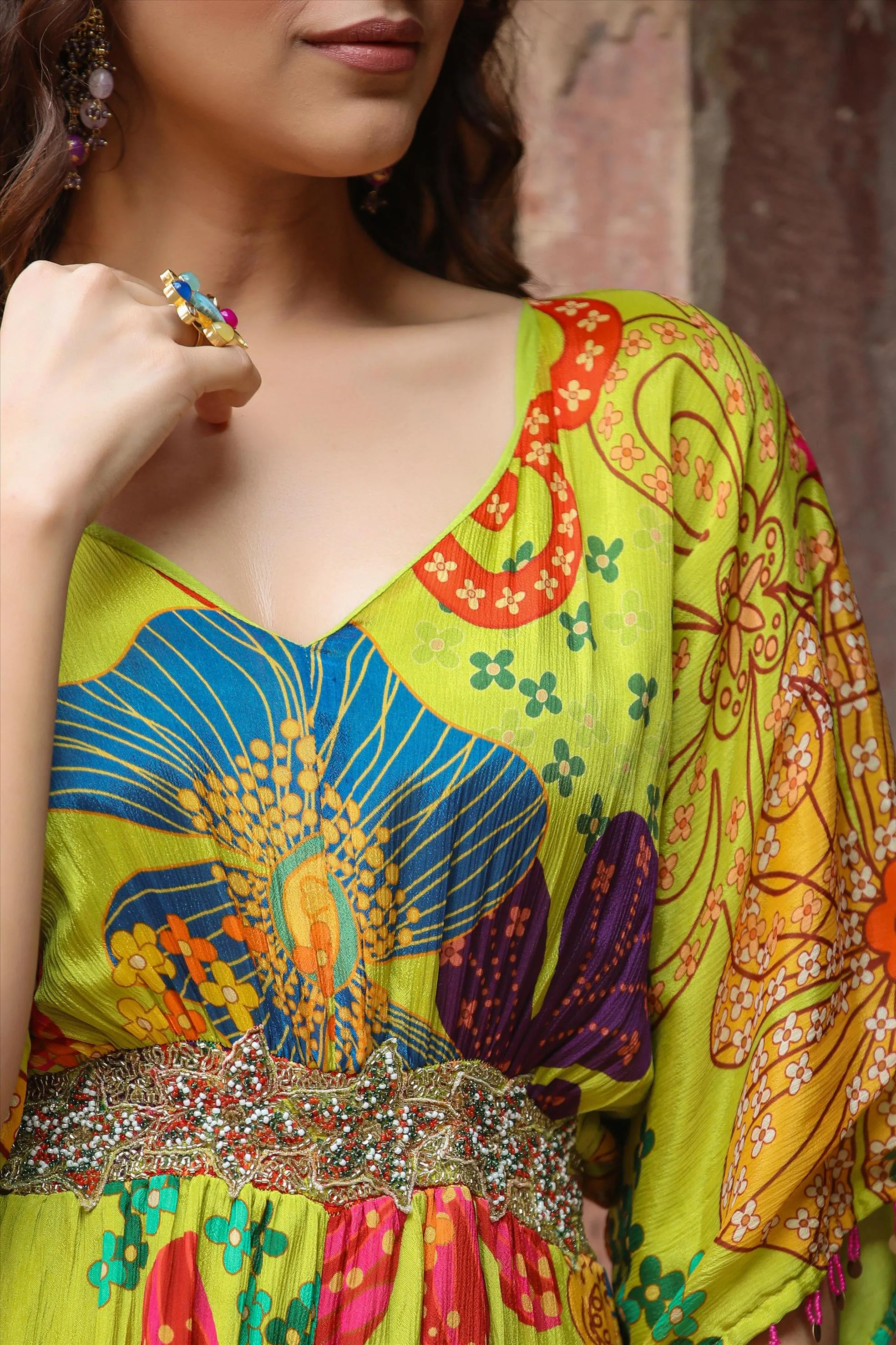 Lime Green Chinon Silk Floral Printed Jumpsuit