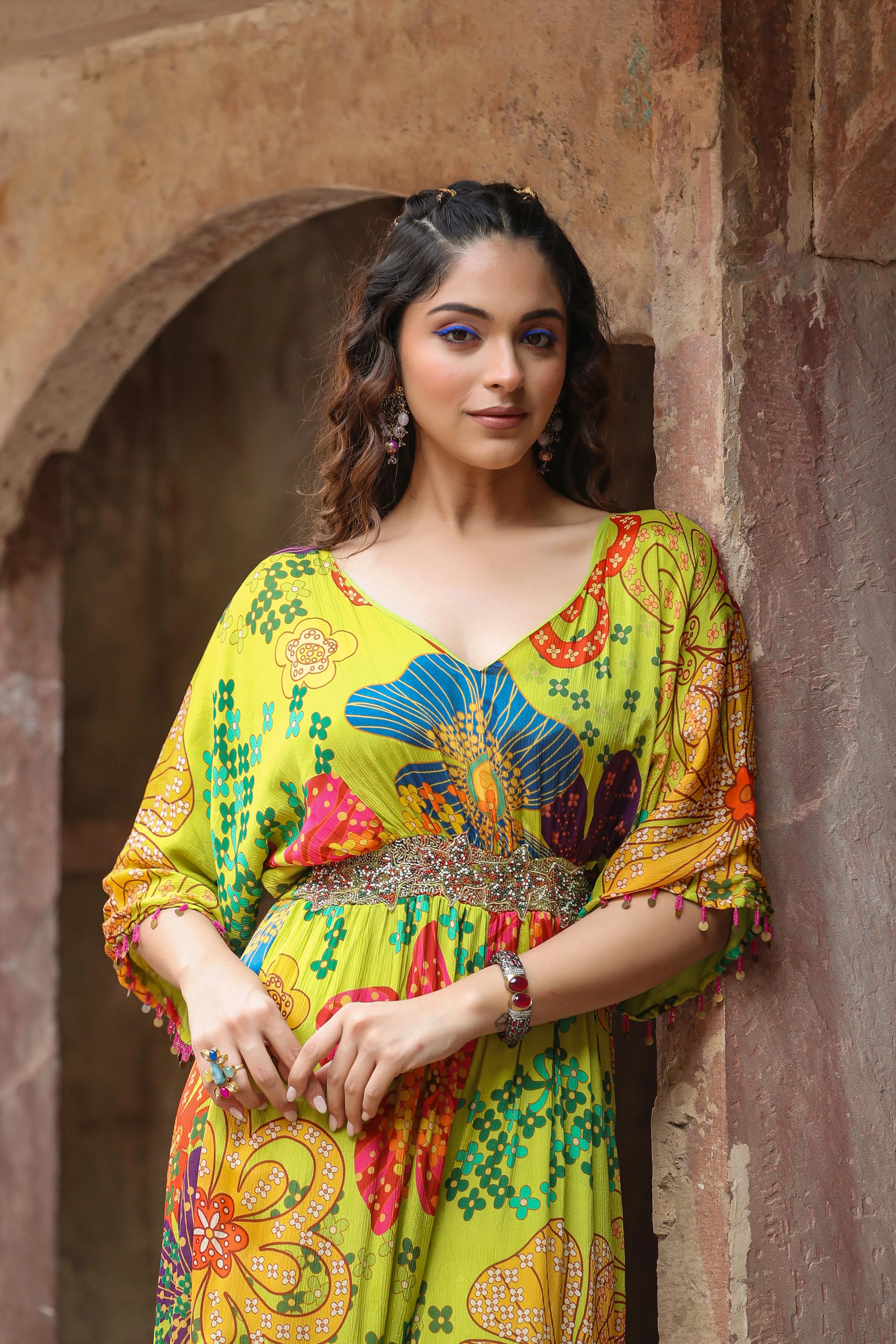 Lime Green Chinon Silk Floral Printed Jumpsuit